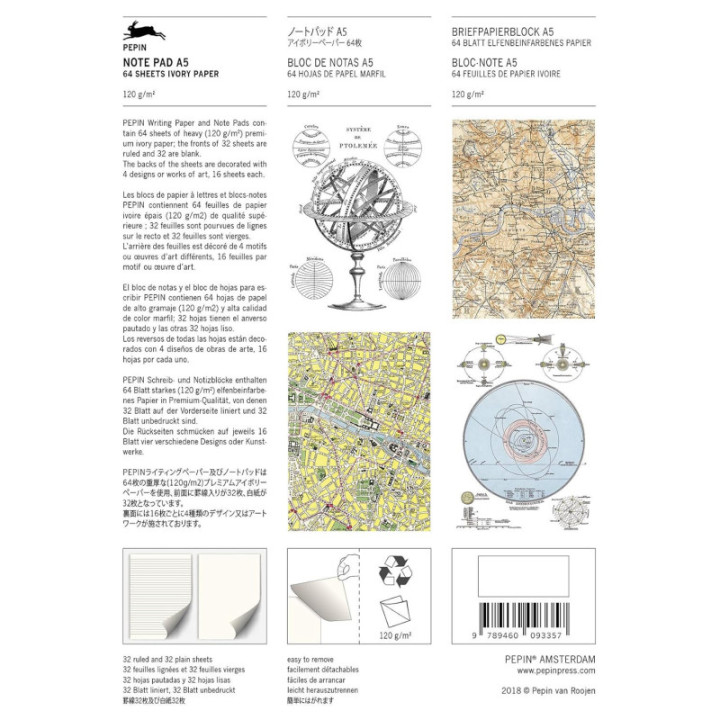 Bloc-notes - A5 - 64 feuilles papier ivoire - 120g - Avec illustrations cartes anciennes