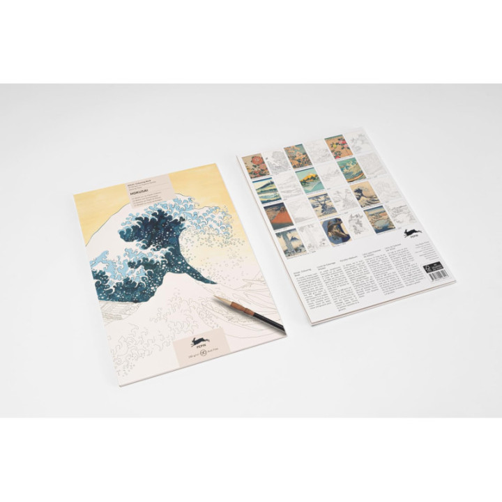 Livre de coloriage - Beaux-arts - Adulte - Aquarelle et crayons - Œuvres Hokusai - 12 modèles