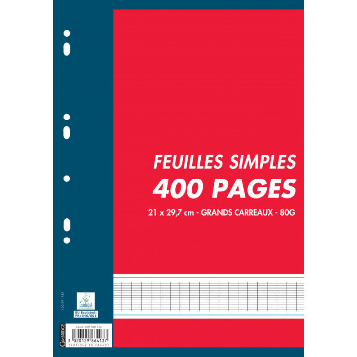 Feuilles simples - Grands carreaux - Perforées - A4 - Paquet de 400 - Oxford
