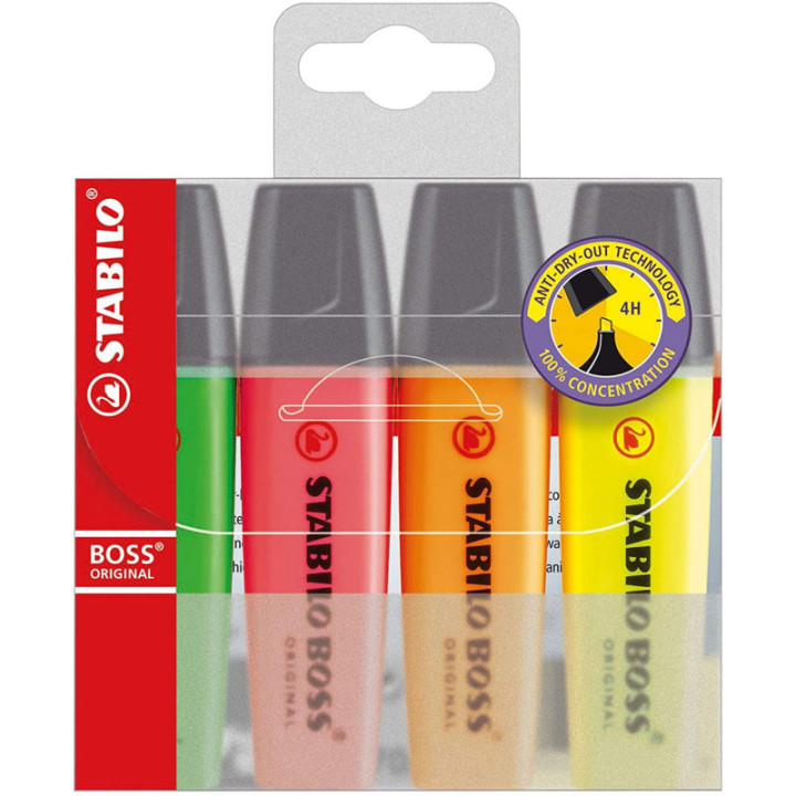 Pochette de 4 surligneurs STABILO BOSS ORIGINAL - assortiment fluo