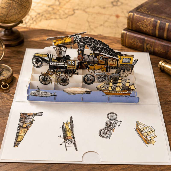 Carte 3D pop-up - Anniversaire - Vœux - Véhicules anciens - 12x17cm - Avec enveloppe