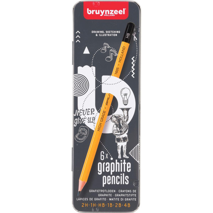 Crayons graphite - Boîte de 6 modèles - 1H 2H Hb 1B 2B 4B - Bruynzeel