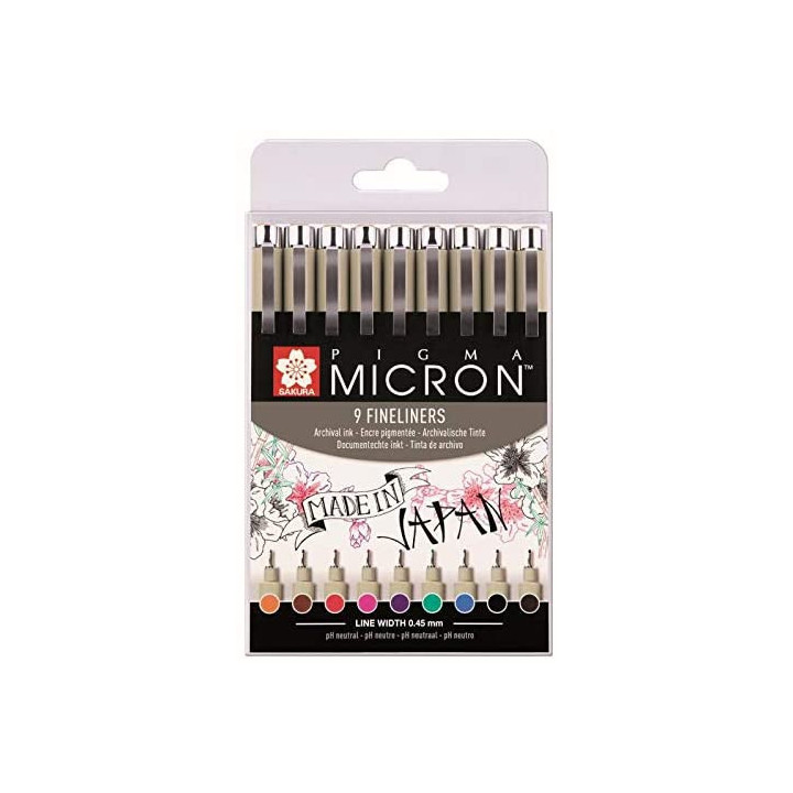 Etui De 9 Feutres Pigma Micron Couleur 0,45 Mm Sakura