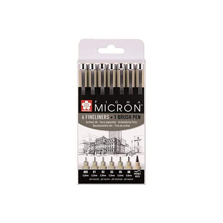 6 feutres  - Noir - Assortiment de pointes - Pigma Micron Noir - Sakura