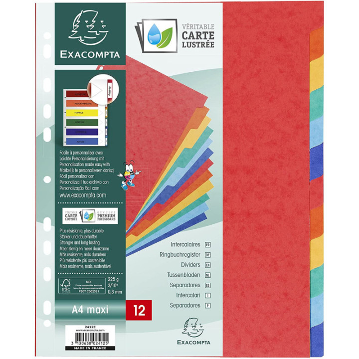 Intercalaires - Pour classeur - 12 positions - A4+ - Carton rigide - Exacompta