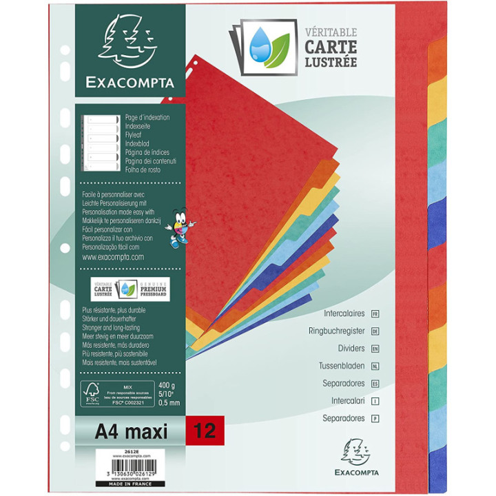 Intercalaires - Pour classeur - 12 positions - A4 maxi - Carton rigide - Exacompta