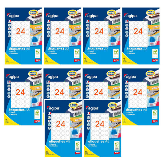 10 paquets de 384 étiquettes rondes adhésives blanches diamètre 30mm 24 étiquettes par planche A5 Apli/Agipa