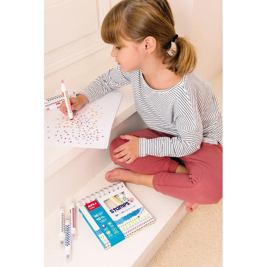 10 Feutres de coloriage - Encre lavable - Double pointe avec tampon - Apli Kids