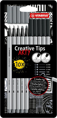 10 feutres à dessin - Calligraphie - Gris et Noir - Plusieurs mines - STABILO Creative Tips
