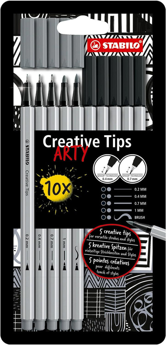 10 feutres à dessin - Calligraphie - Gris et Noir - Plusieurs mines - STABILO Creative Tips