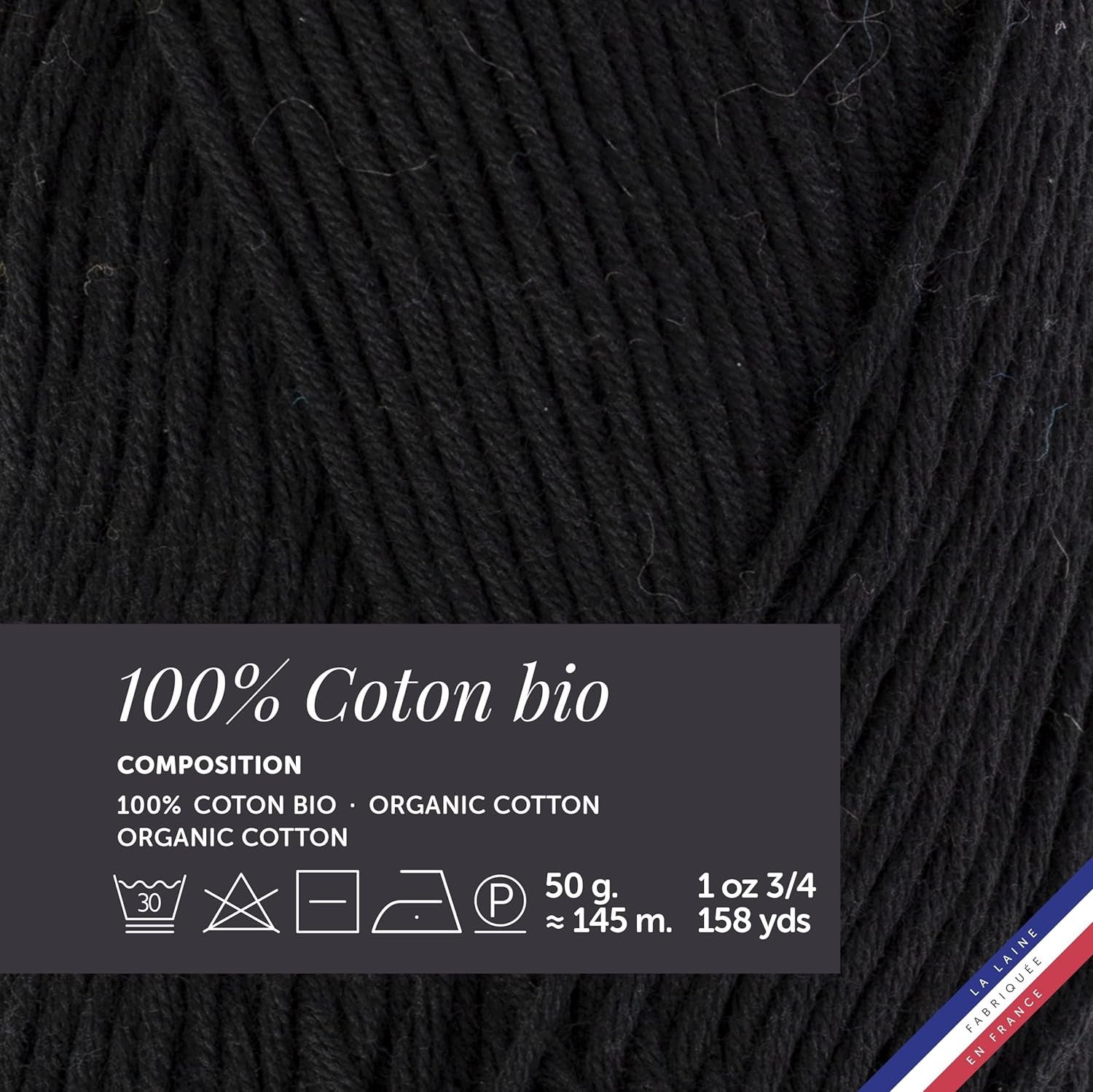 Pelote de laine - Noir - 100% coton bio - 3mm - Tricot et crochet - Bergère de France