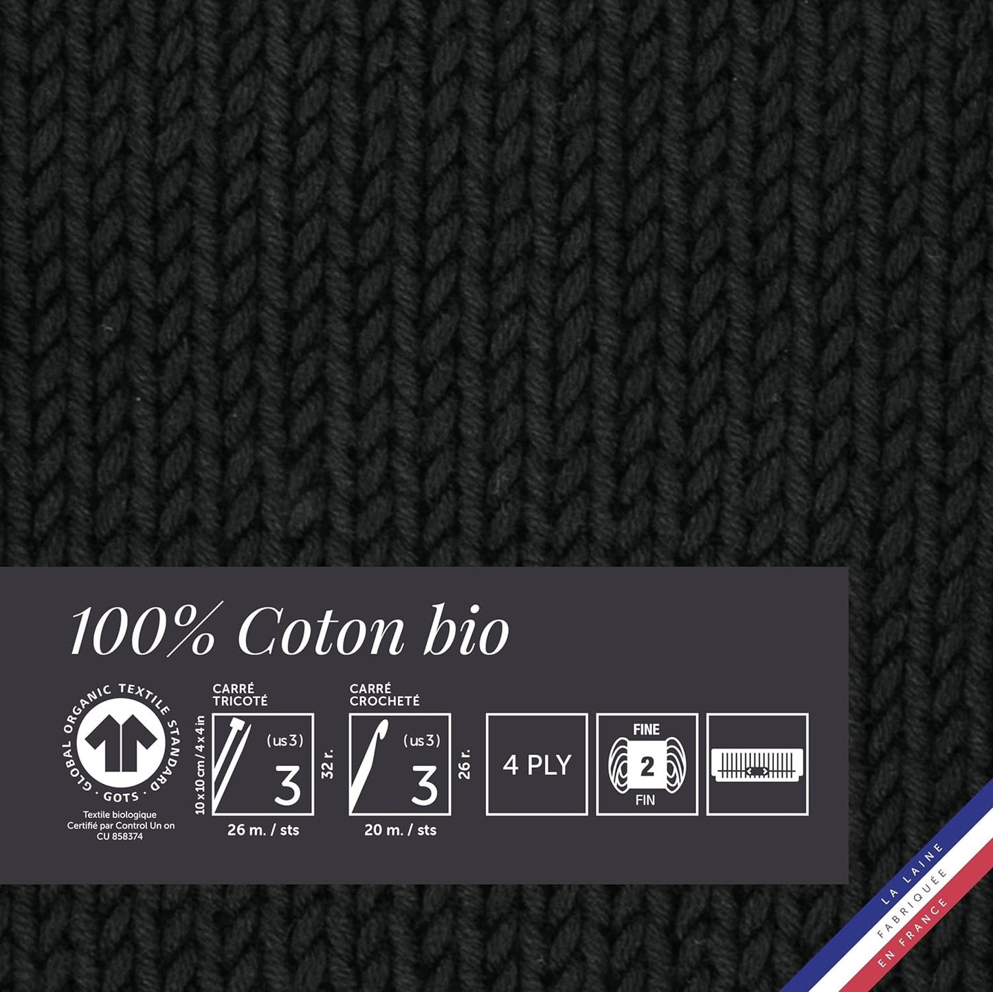 Pelote de laine - Noir - 100% coton bio - 3mm - Tricot et crochet - Bergère de France