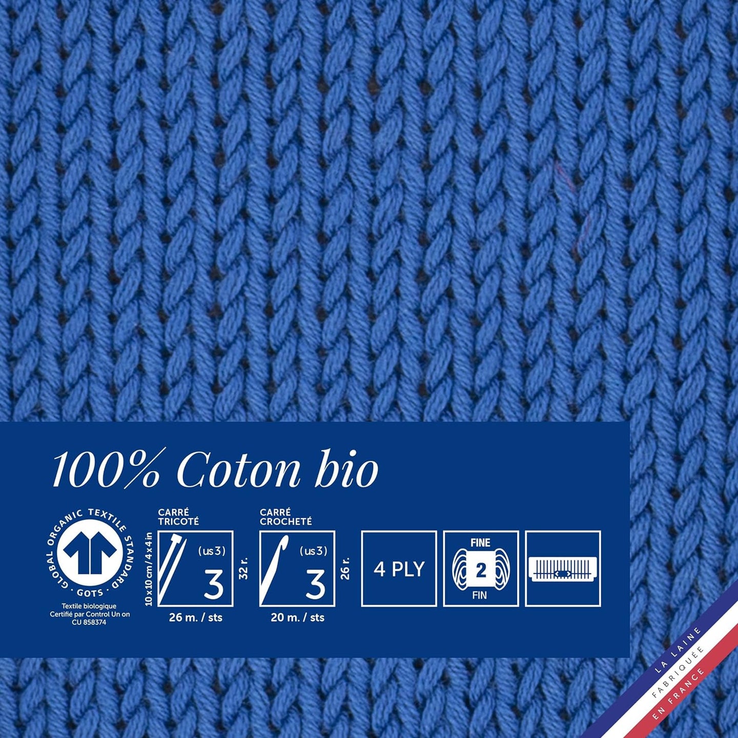 Pelote de laine - Royal - 100% coton bio - 3mm - Tricot et crochet - Bergère de France