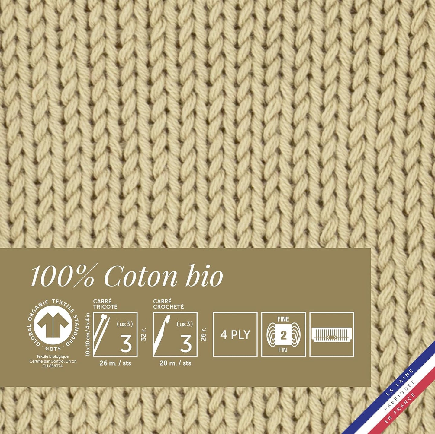 Pelote de laine - Sable - 100% coton bio - 3mm - Tricot et crochet - Bergère de France