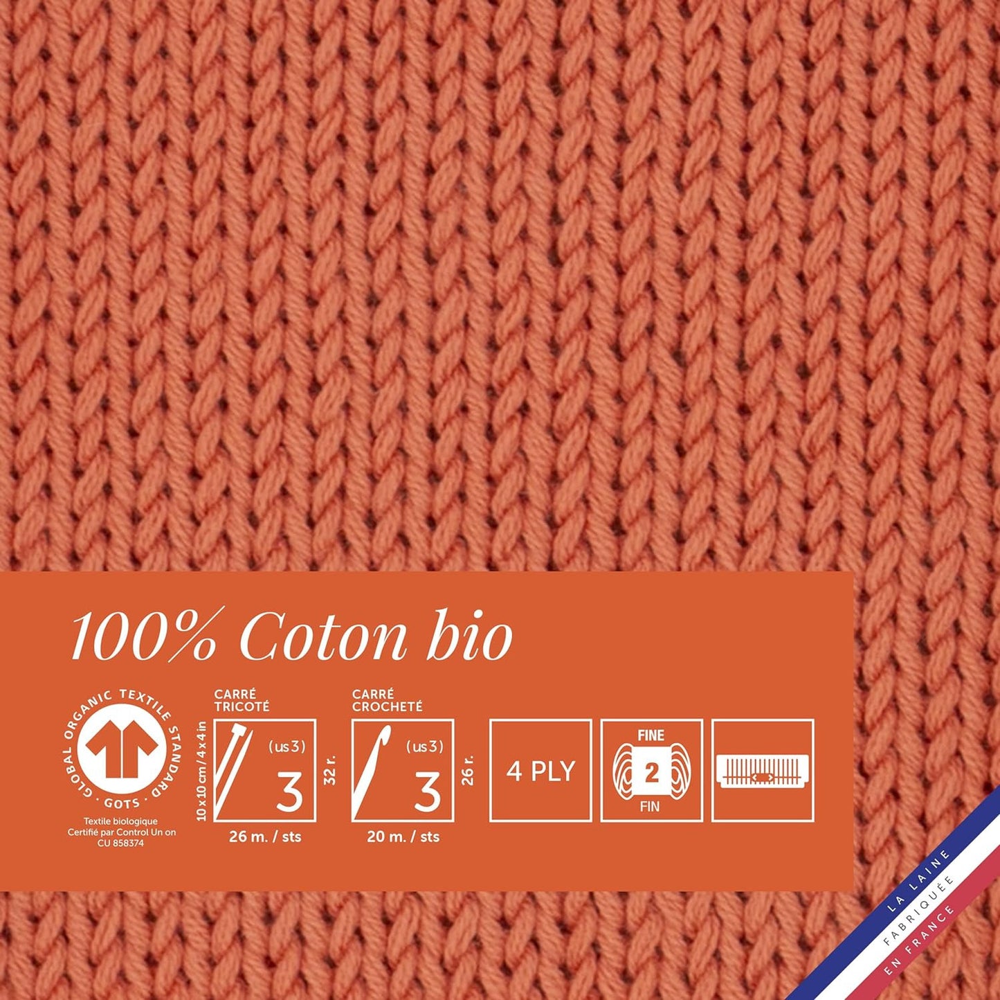 Pelote de laine - Saumon - 100% coton bio - 3mm - Tricot et crochet - Bergère de France