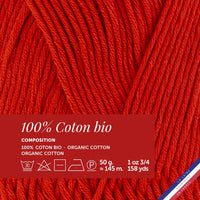 Pelote de laine - Vermeille - 100% coton bio - 3mm - Tricot et crochet - Bergère de France