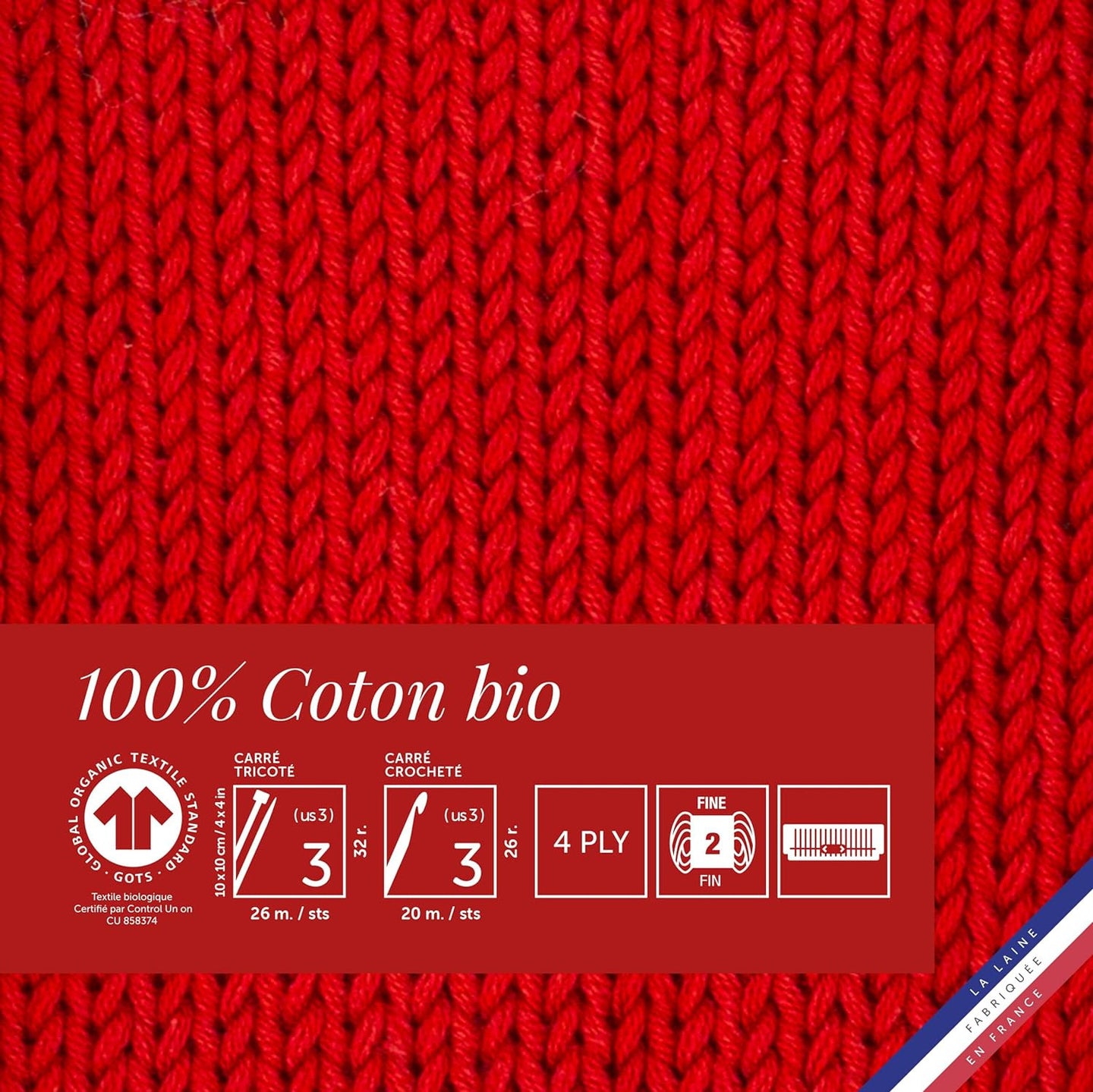 Pelote de laine - Vermeille - 100% coton bio - 3mm - Tricot et crochet - Bergère de France