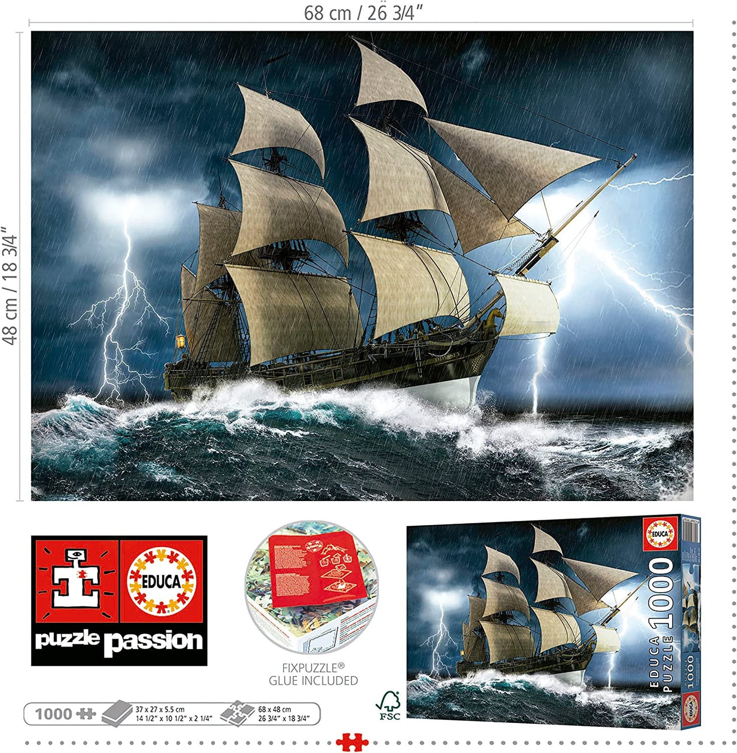 Puzzle - Tempête de mer - Bateau - Caravelle - 1000 pièces - 68x48cm - Educa