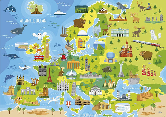 Puzzle - Carte de l'Europe - Animaux - Monuments - Jeu éducatif - 150 pièces - Dès 6 ans