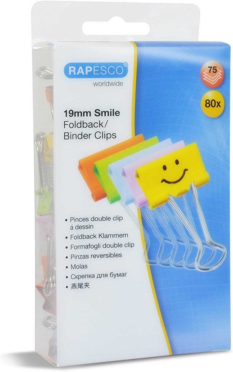 Pinces à clip - Métal - Couleurs assortis - Avec smiley - Boîte de 80 - Rapesco