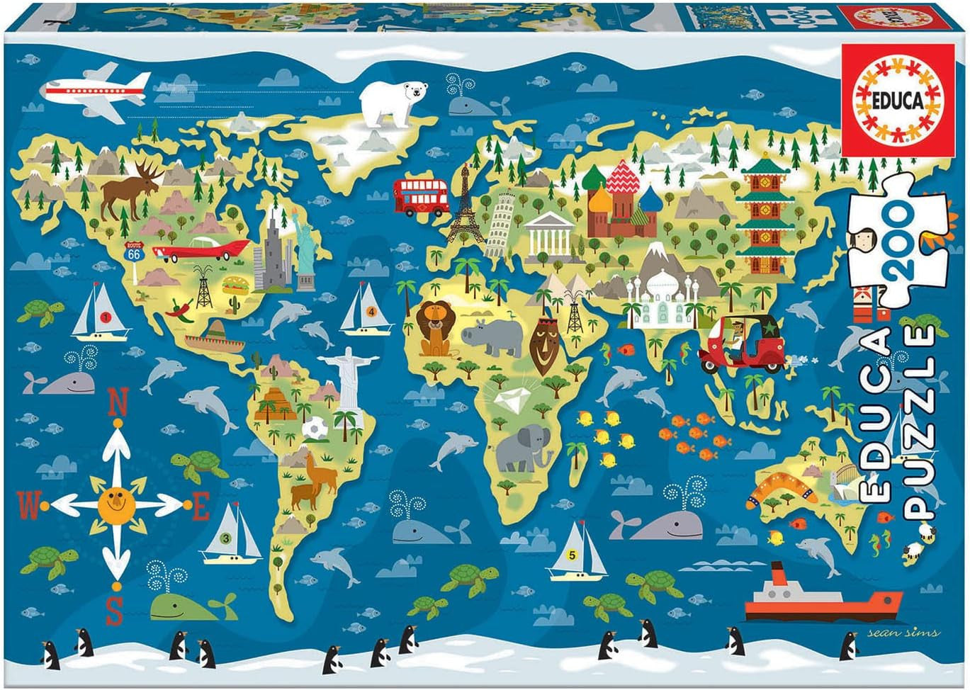 Puzzle - 200 pièces - Carte du monde - 40x28cm - Enfant - Educa