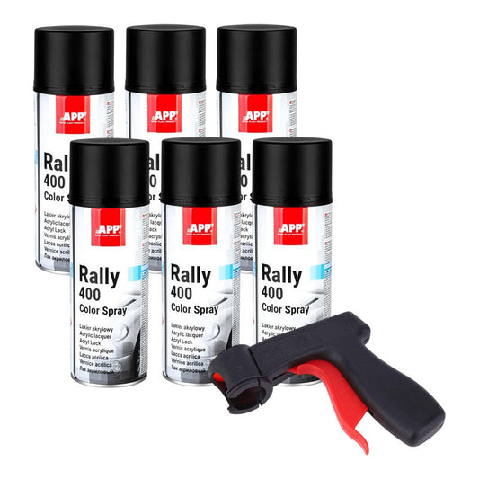 6 bombes de peinture - Noir - Mat - Acrylique - Carrosserie - APP - Rally 400 + pistolet