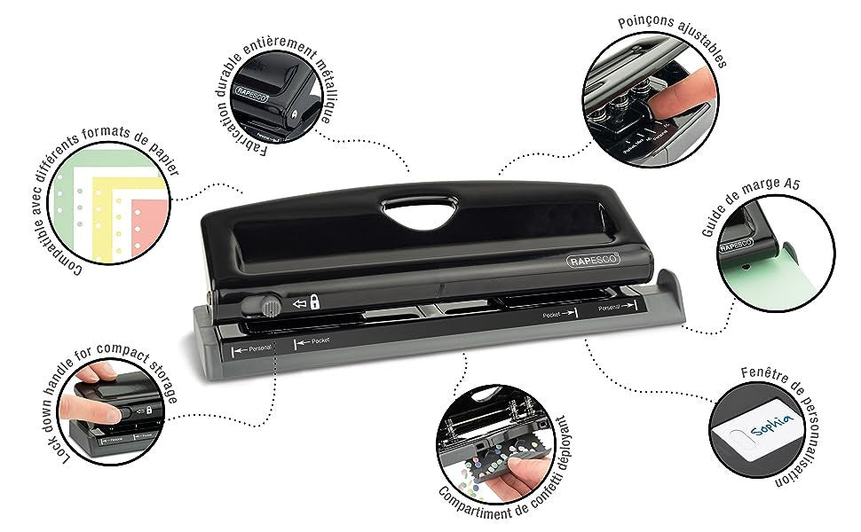 Perforateur - 6 trous - Métal - Noir - Capacité 9 feuilles - Rapesco