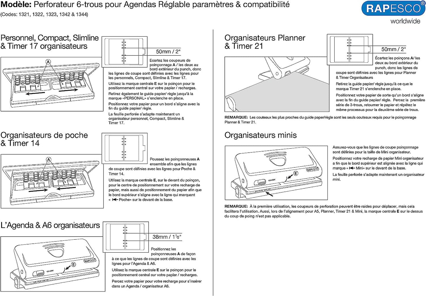 Perforateur - Perforatrice - 6 trous - Convient pour agendas, format A5 et A6 - Rapesco