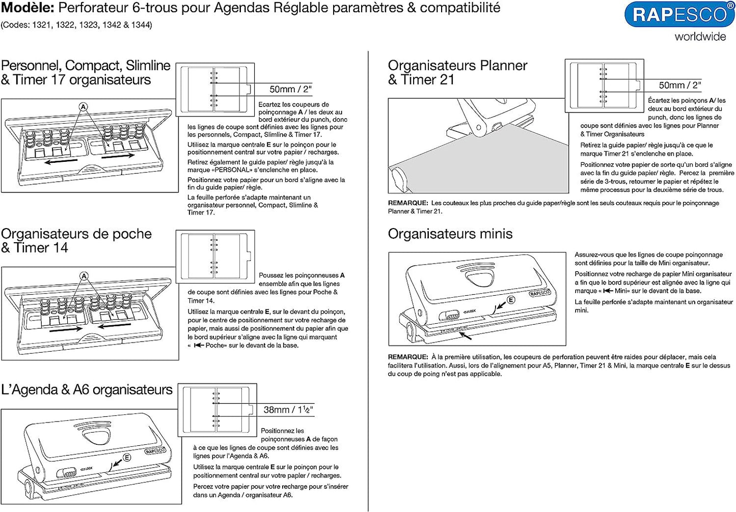 Perforateur - Perforatrice - 6 trous - Convient pour agendas, format A5 et A6 - Rapesco