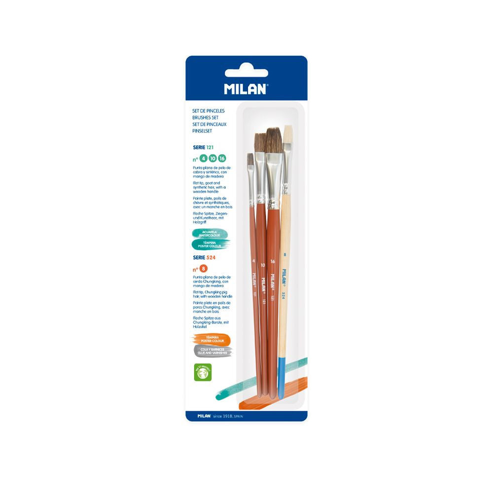 Pinceaux - Plat - Aquarelle, acrylique, vernis - Scolaire - N°4,10,16,8 - 4 tailles