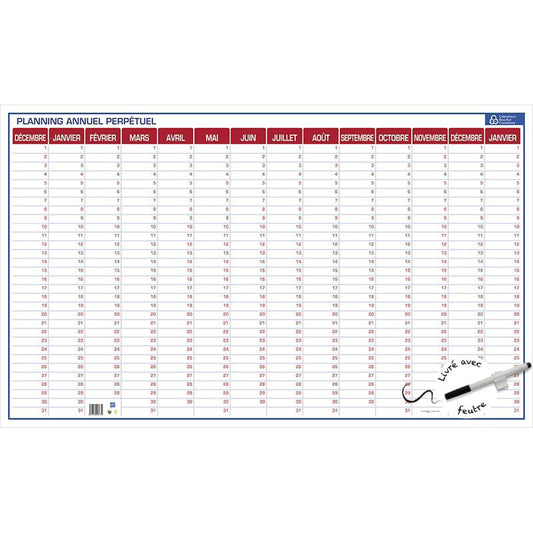 Planning perpétuel annuel réutilisable - 60 x 99 cm - Bouchut