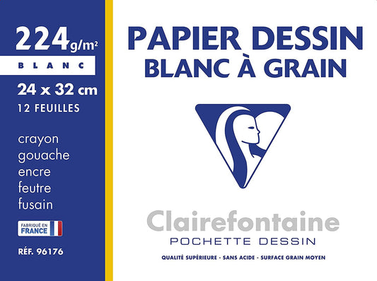 Pochette de 12 feuilles de papier à dessin Clairefontaine 24 x 32 cm 224g blanc