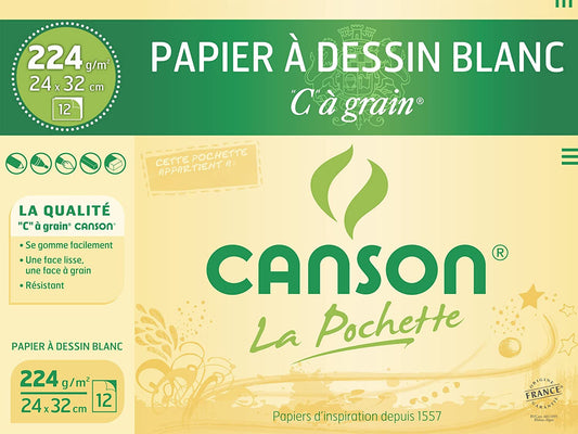 Pochette de papier dessin Canson 12 feuilles 24 x 32 cm 224g blanc