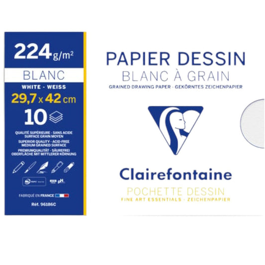 Pochette 10 feuilles papier dessin blanc à grain - A3 - 29,7X42 cm - 224g - Clairefontaine
