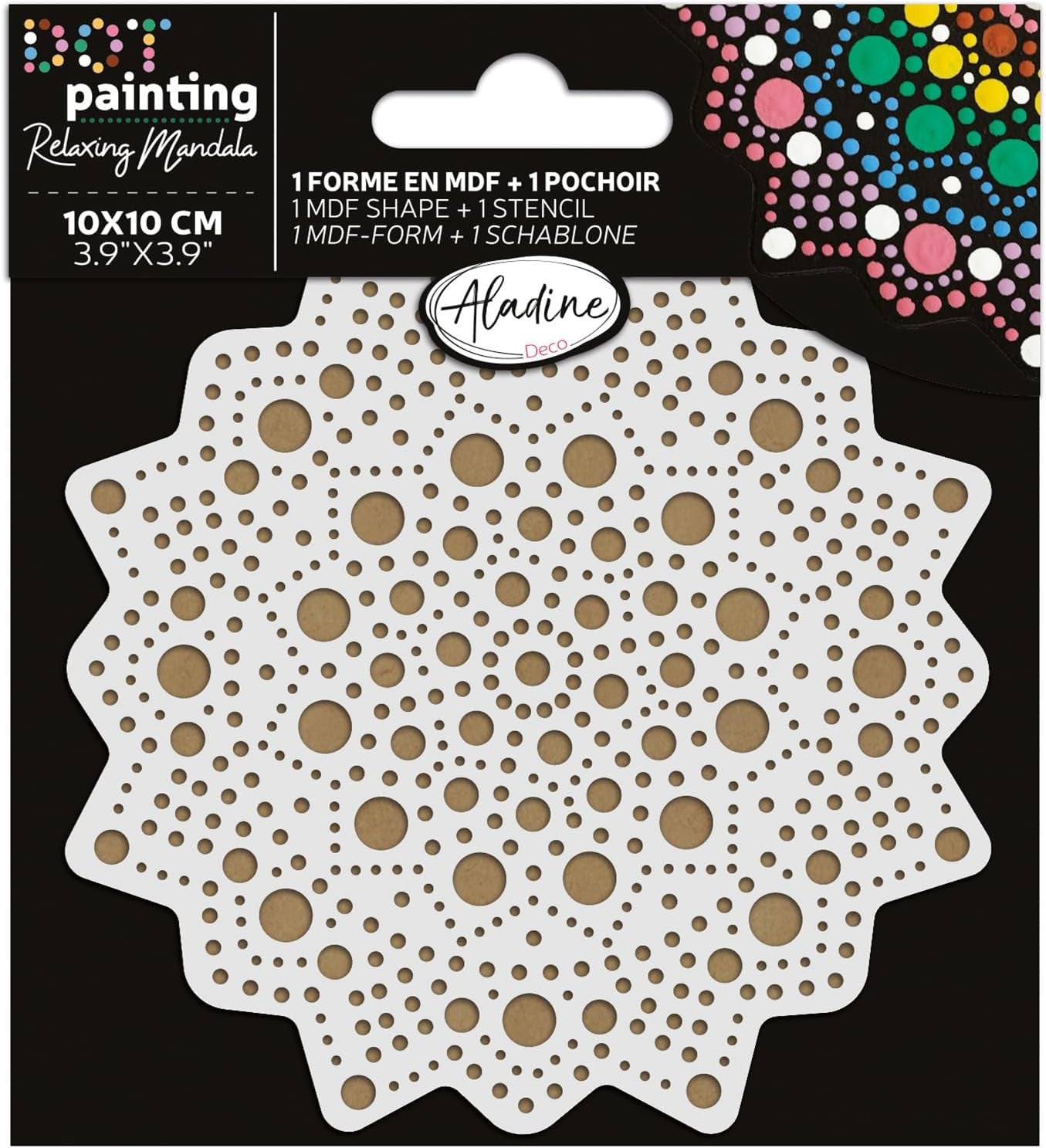 Pochoir - Pour dot painting - Mandala - 10cm - Forme en bois + support - Aladine