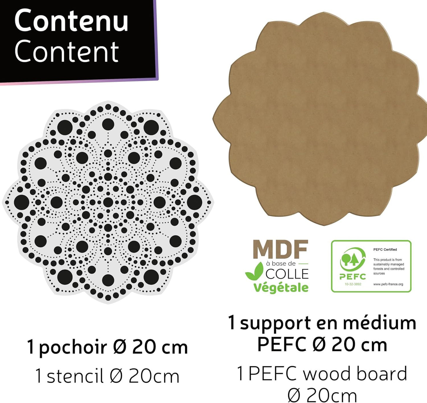Pochoir - Pour dot painting - Mandala - 20cm - Forme en bois + support - Aladine