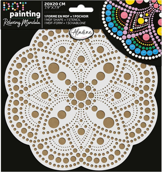 Pochoir - Pour dot painting - Mandala - 20cm - Forme en bois + support - Aladine