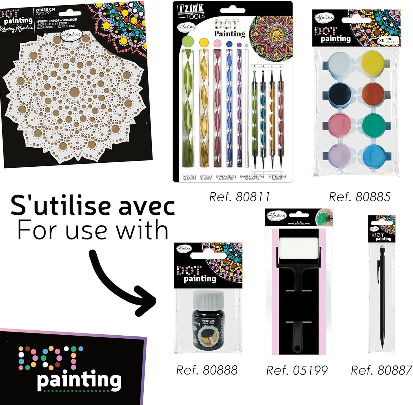 Pochoir - Pour dot painting - Mandala - 20cm - Forme en bois + support - Aladine