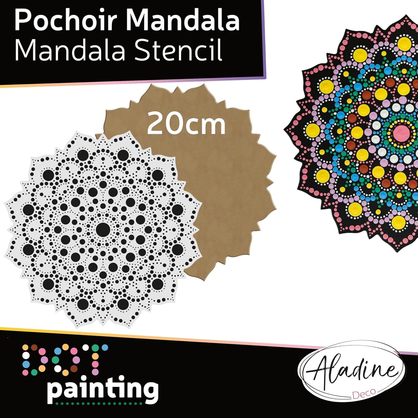 Pochoir - Pour dot painting - Mandala - 20cm - Forme en bois + support - Aladine