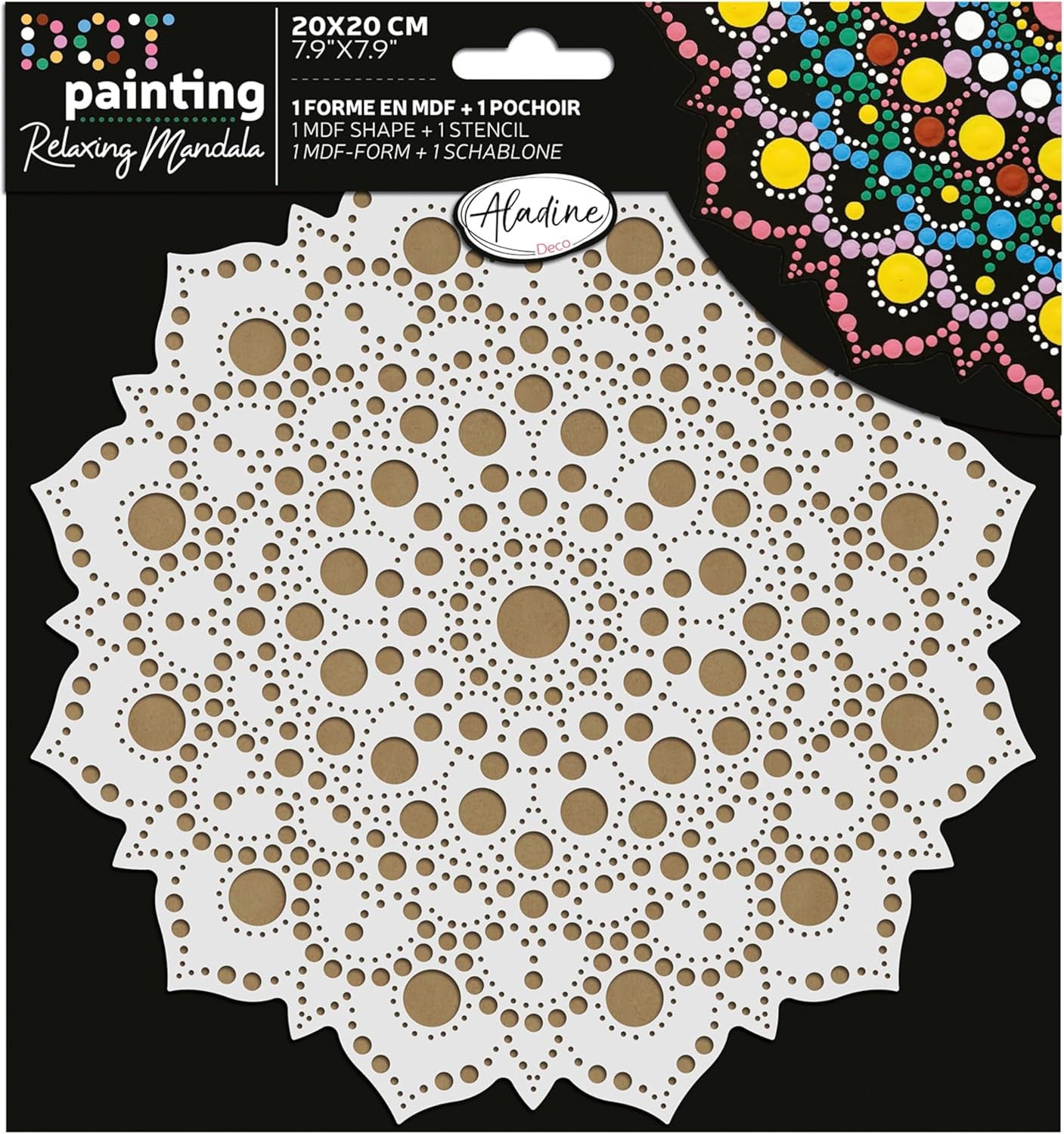 Pochoir - Pour dot painting - Mandala - 20cm - Forme en bois + support - Aladine