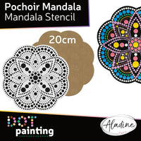 Pochoir - Pour dot painting - Mandala - 20cm - Forme en bois + support - Aladine