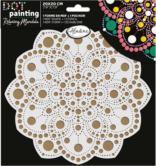 Pochoir - Pour dot painting - Mandala - 20cm - Forme en bois + support - Aladine