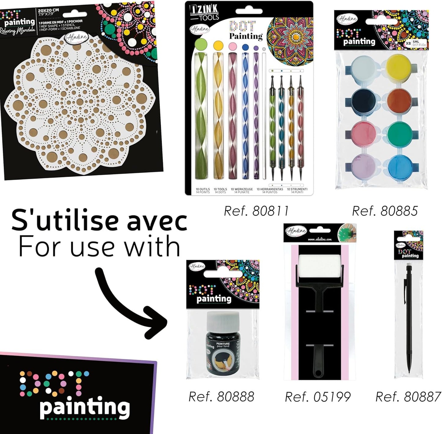 Pochoir - Pour dot painting - Mandala - 20cm - Forme en bois + support - Aladine