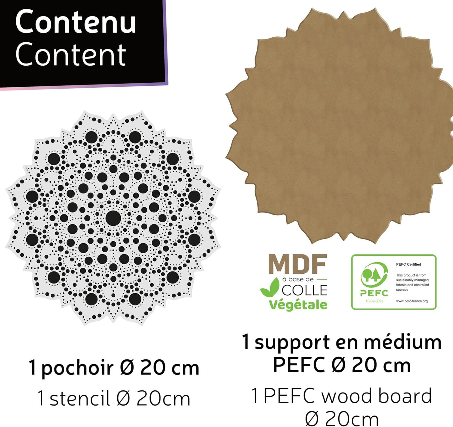 Pochoir - Pour dot painting - Mandala - 20cm - Forme en bois + support - Aladine