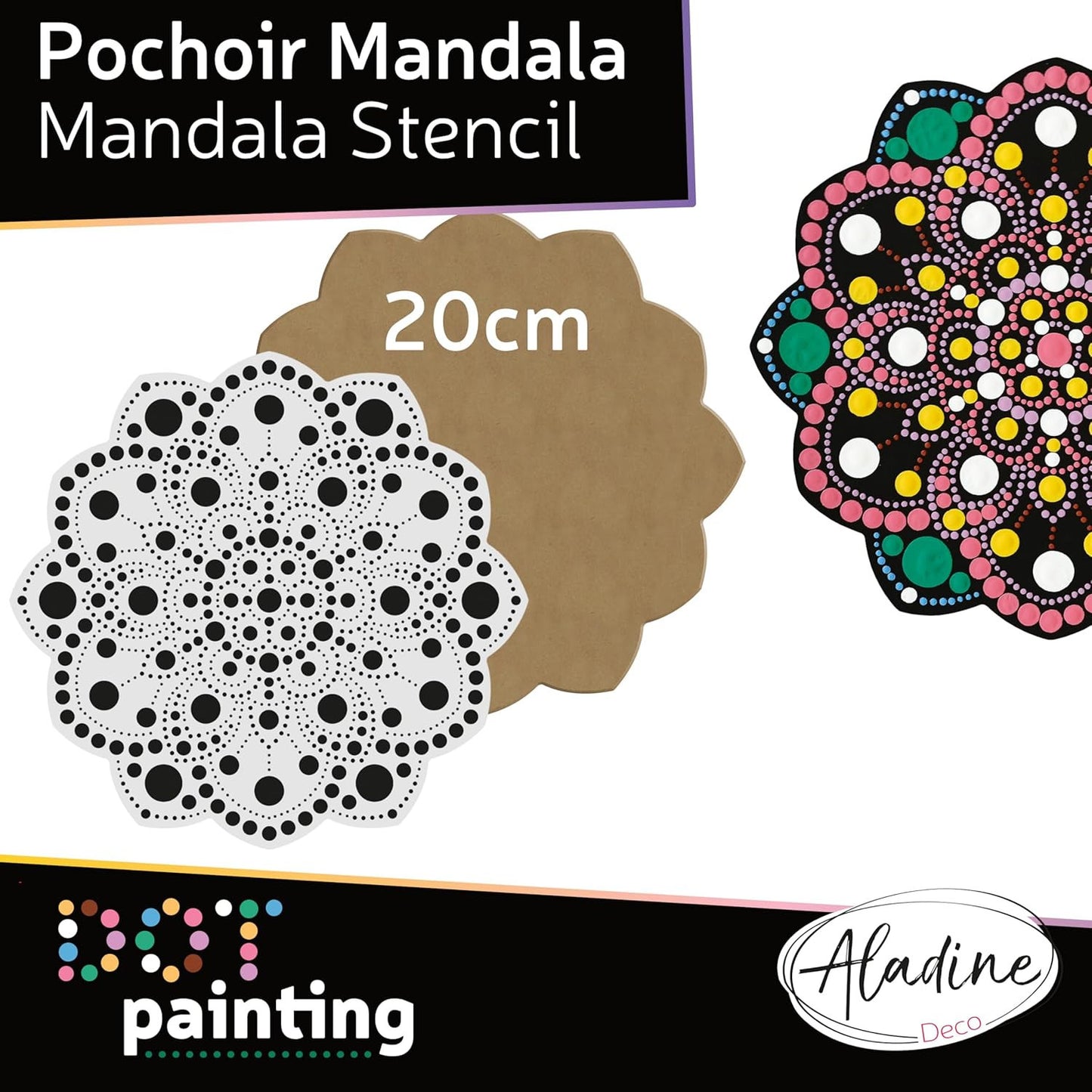 Pochoir - Pour dot painting - Mandala - 20cm - Forme en bois + support - Aladine
