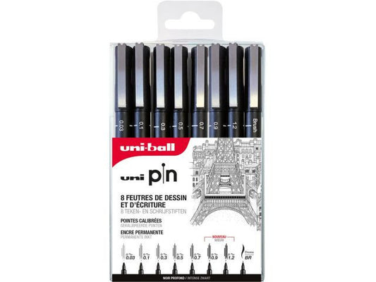 Pochette de 8 feutres de dessin Uni Pin Uni-ball noir