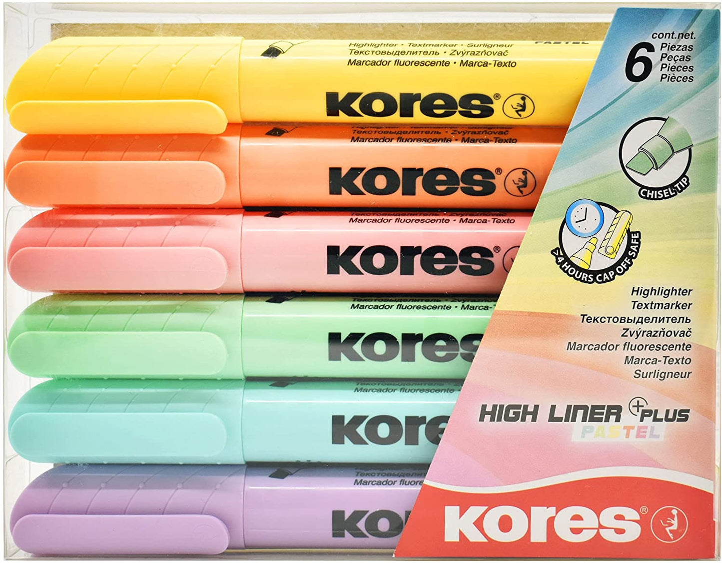 Pochette de 6 surligneurs pointe biseautée couleurs pastels Kores HighLiner