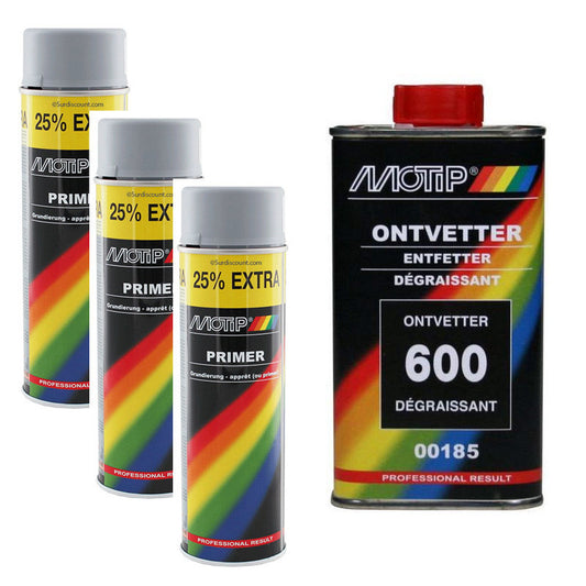 Lot de 3 bombes de peinture - Apprêt - gris -  Motip + Dégraissant pour pièces automobile - Motip - Bidon de 500ml