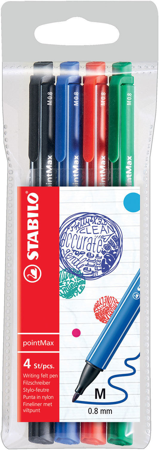 Pochette de 4 stylos-feutres STABILO pointMax - pointe moyenne - coloris classique