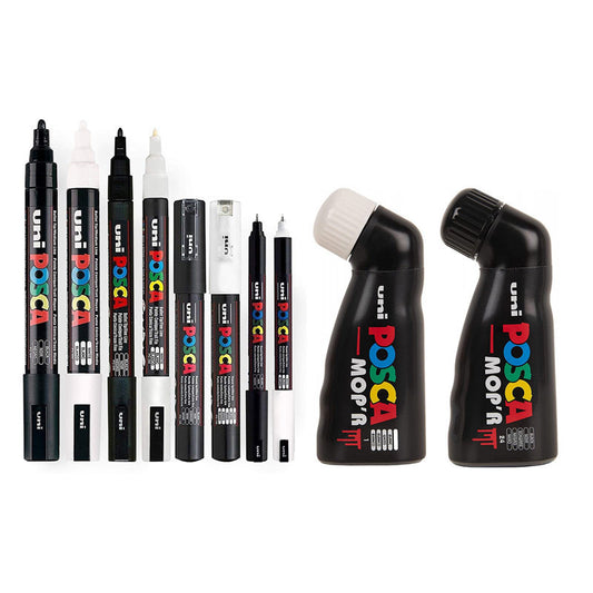 10 marqueurs POSCA - PC5M - PC1MC - PC1MR - PC3M - MOP'R - Noir - Blanc
